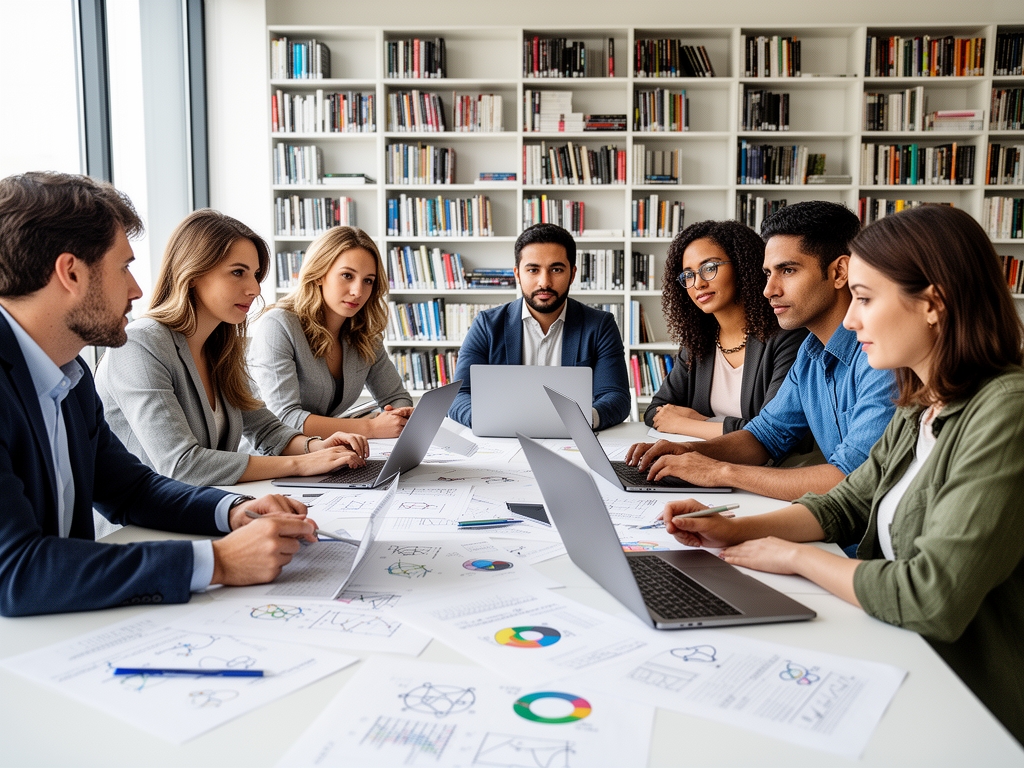 Equipo de personas diversas reunidas alrededor de una mesa de trabajo con documentos científicos y portátiles, en un espacio de oficina luminoso con estantes de libros al fondo