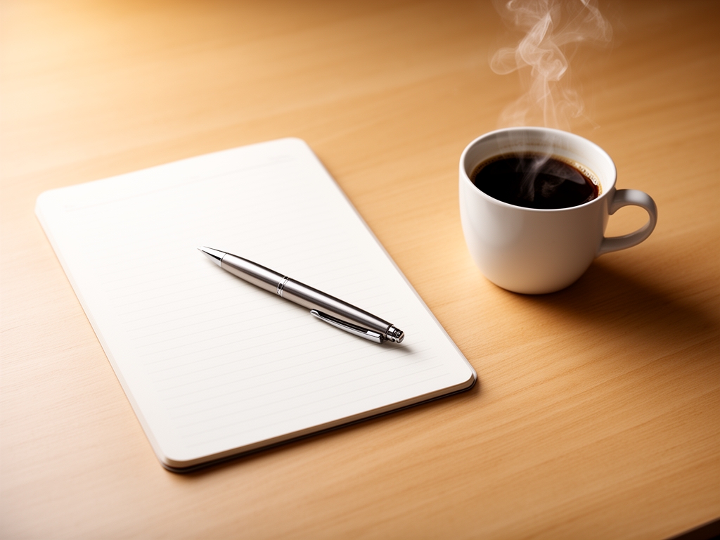 Escritorio de trabajo minimalista con cuaderno de notas abierto, bolígrafo sobre papel y taza de café humeante, fotografiado desde arriba con luz natural cálida sobre superficie de madera clara
