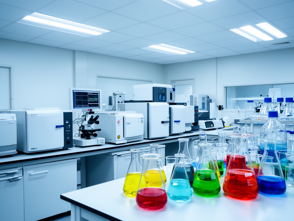 Laboratorio científico moderno con equipos de análisis cromatográfico y frascos de vidrio transparente con líquidos de distintos colores, fotografiado sin personas con iluminación fluorescente fría