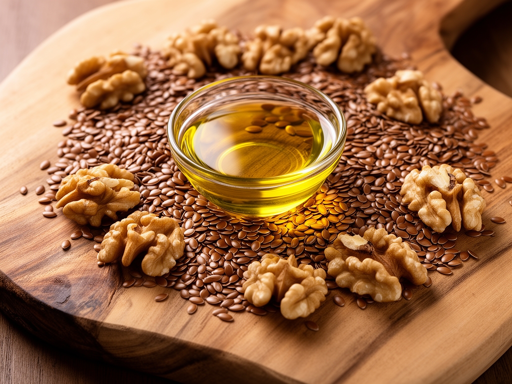 Semillas de lino marrón dorado y nueces sobre tabla de madera natural, con aceite vegetal en un pequeño cuenco de vidrio transparente, fotografiados con luz cálida de ambiente