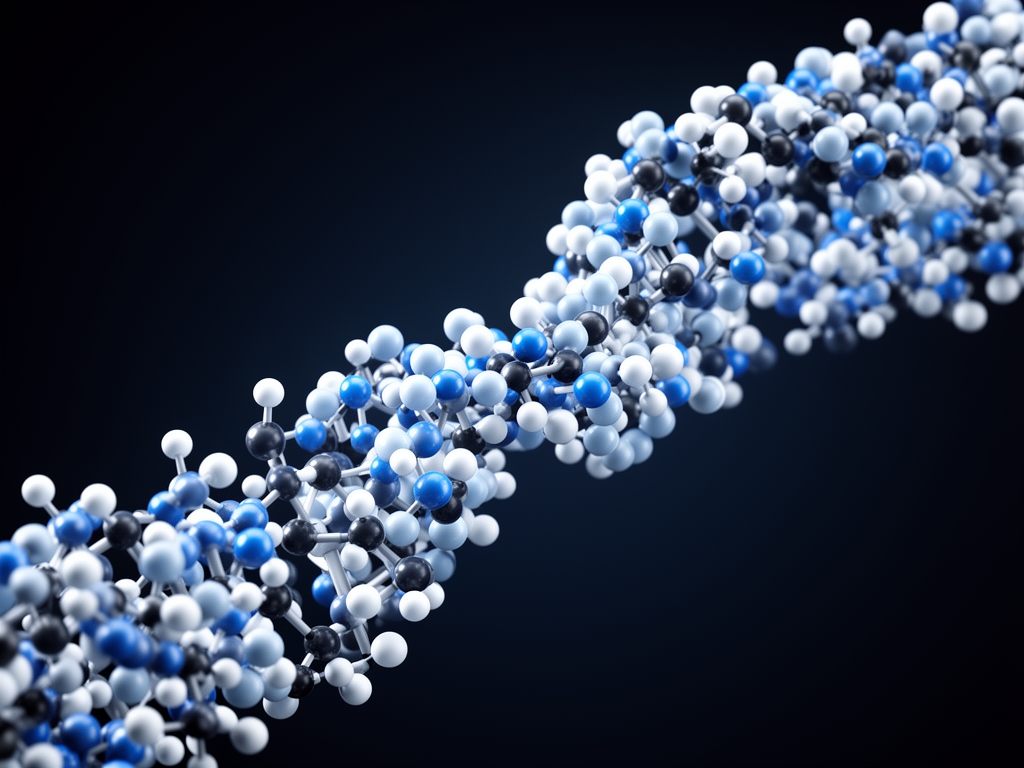 Representación abstracta de estructuras moleculares, esferas y conexiones en tonos azules y blancos sobre fondo oscuro, que evocan cadenas de aminoácidos o péptidos biológicos