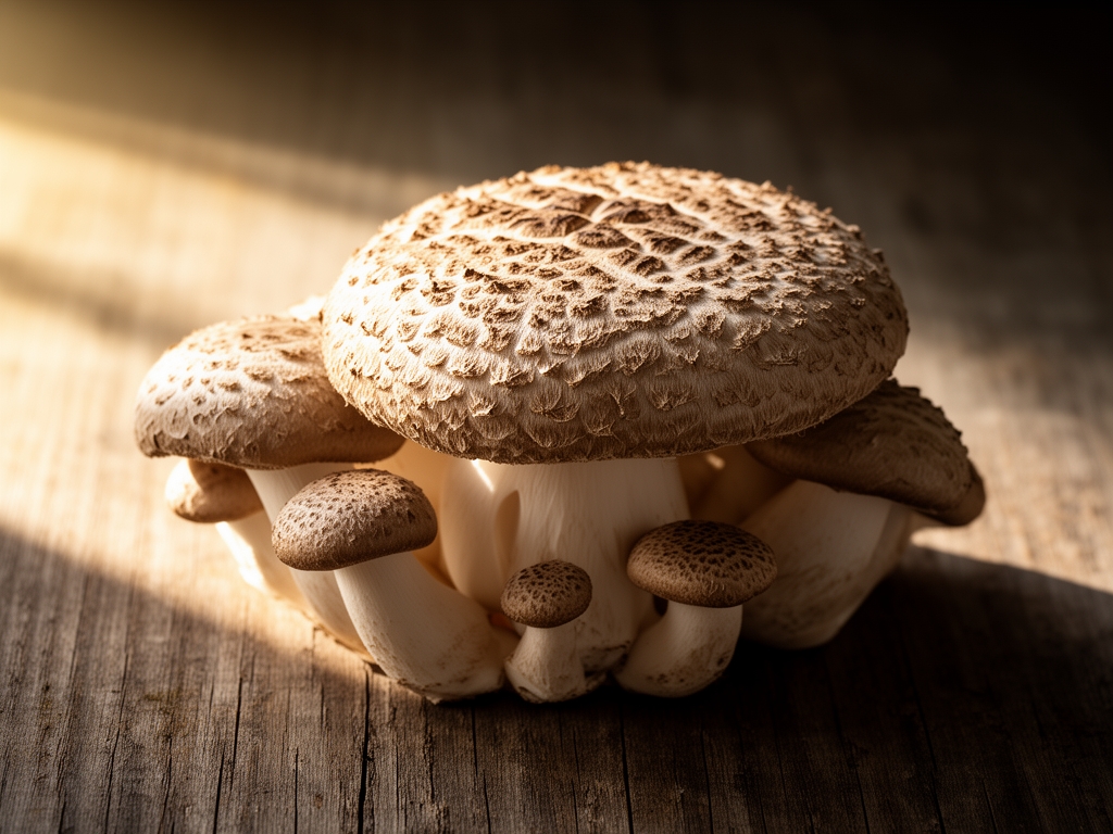 Hongo shiitake fresco sobre superficie de madera con luz solar natural que atraviesa desde un lateral, generando sombras suaves que resaltan la textura del sombrero y las laminillas