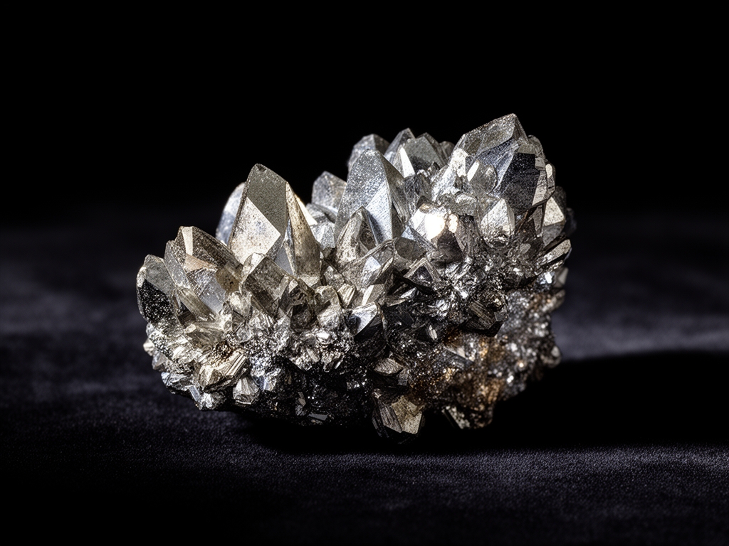 Cristales minerales de zinc en tonos plateados y metálicos fotografiados sobre fondo oscuro con iluminación dramática que resalta texturas cristalinas y reflejos metálicos