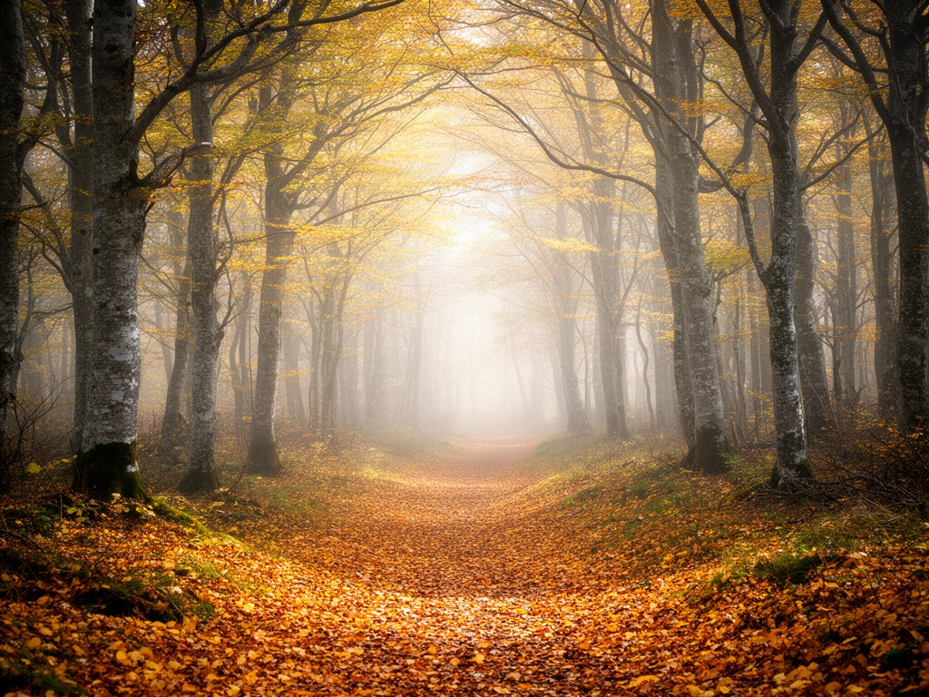 Sendero estrecho que atraviesa un bosque de hayas en otoño con hojas doradas y amarillas en el suelo, luz filtrada entre ramas y niebla suave al fondo que da profundidad al paisaje