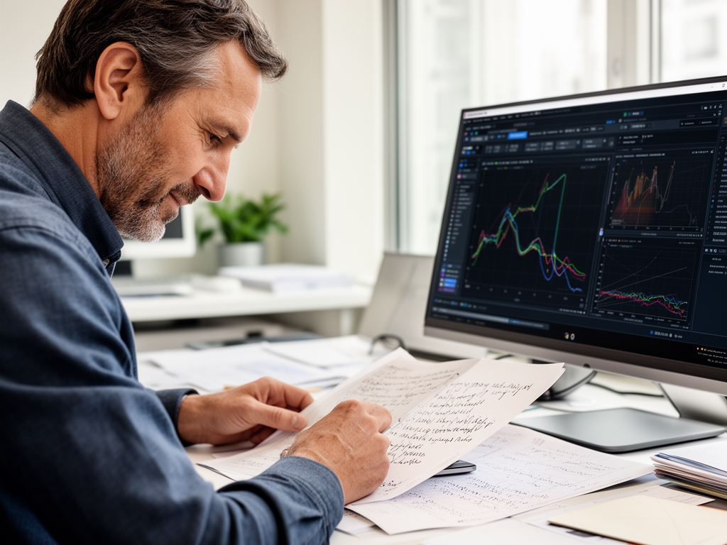 Hombre adulto de mediana edad en espacio de trabajo moderno con luz natural, consultando apuntes escritos a mano junto a un ordenador portátil abierto con gráficas científicas en pantalla